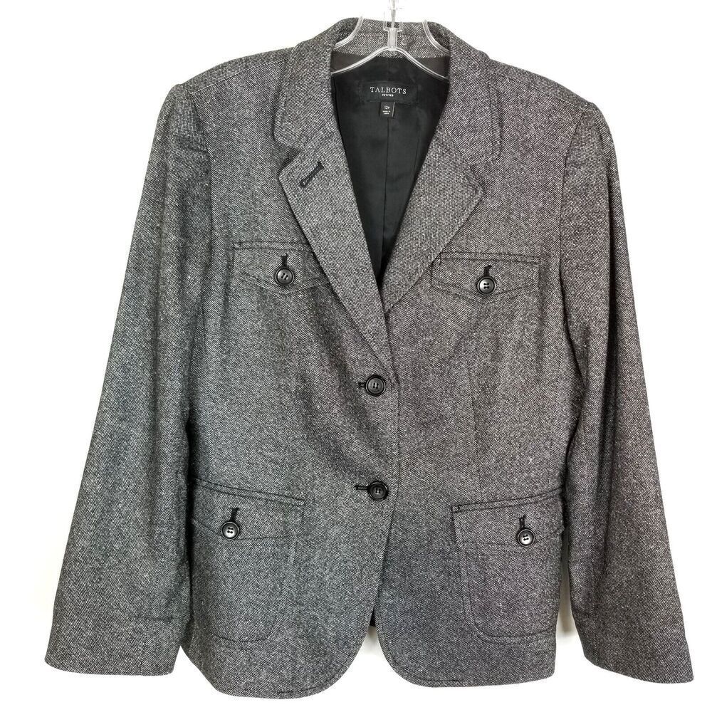 Talbots Women Marled Tweed Chevron Jacket Blazer Size 12 Petite Gray Wool Blend